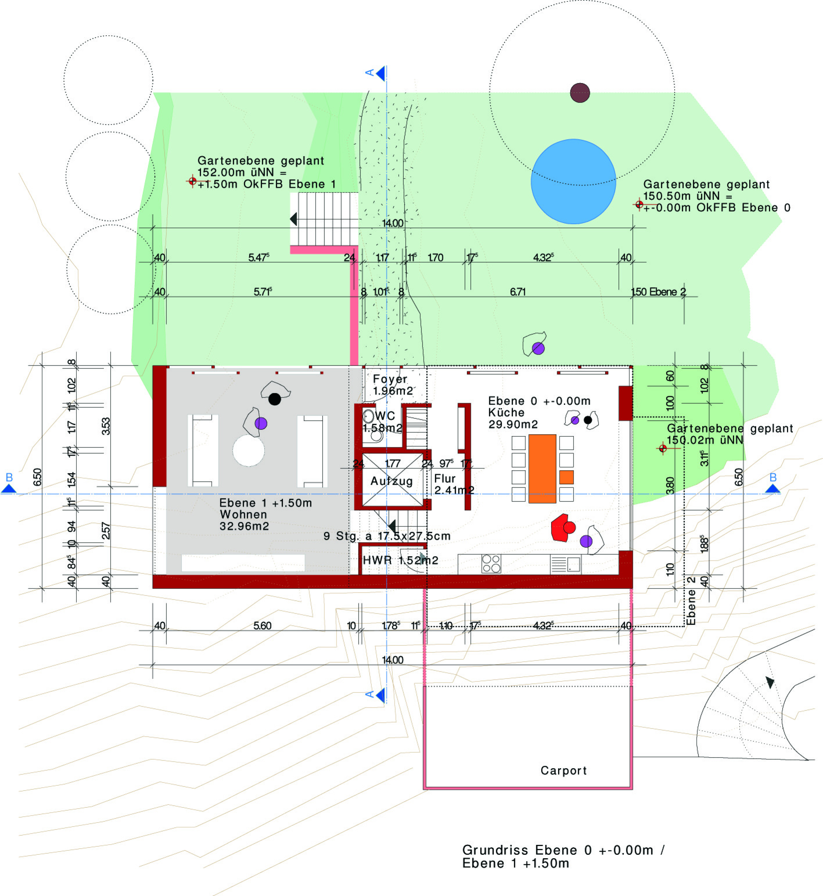 Grundriss eines Wohnhauses mit Garten